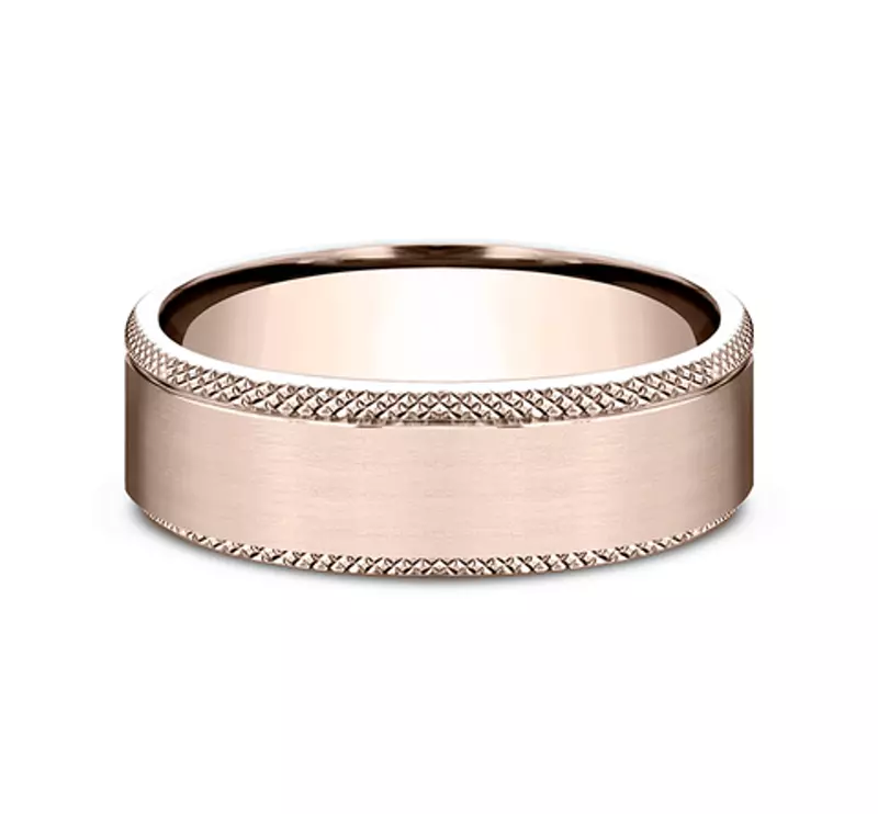 14K Rose Gold Satin Center Knurled Edge Comfort-Fit Band (6.5mm)