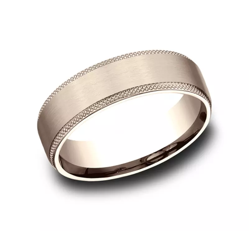 14K Rose Gold Satin Center Knurled Edge Comfort-Fit Band (6.5mm)
