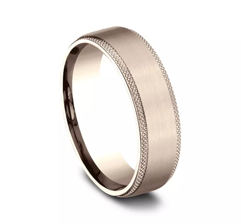 14K Rose Gold Satin Center Knurled Edge Comfort-Fit Band (6.5mm)