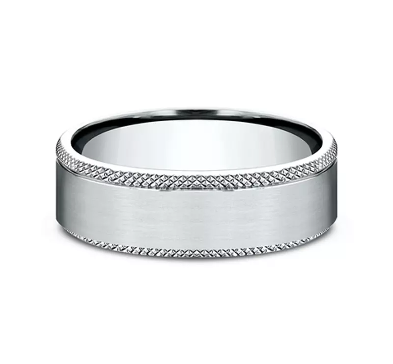 14K White Gold Satin Center Knurled Edge Comfort-Fit Band (6.5mm)