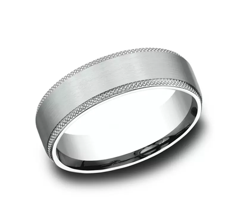 14K White Gold Satin Center Knurled Edge Comfort-Fit Band (6.5mm)
