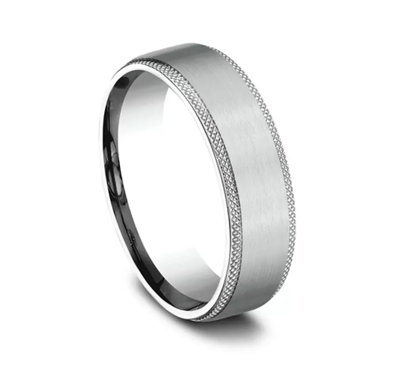 14K White Gold Satin Center Knurled Edge Comfort-Fit Band (6.5mm)