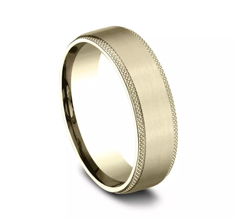 14K Yellow Gold Satin Center Knurled Edge Comfort-Fit Band (6.5mm)