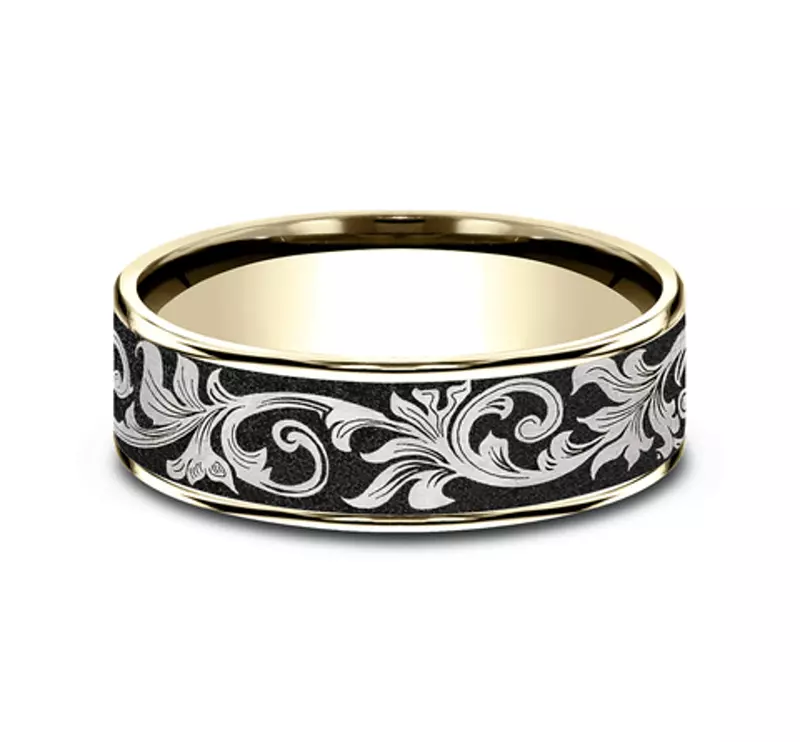 14K Yellow Gold Orchid-Inspired Black Titanium Two-Tone Comfort-Fit Band (7.5mm)