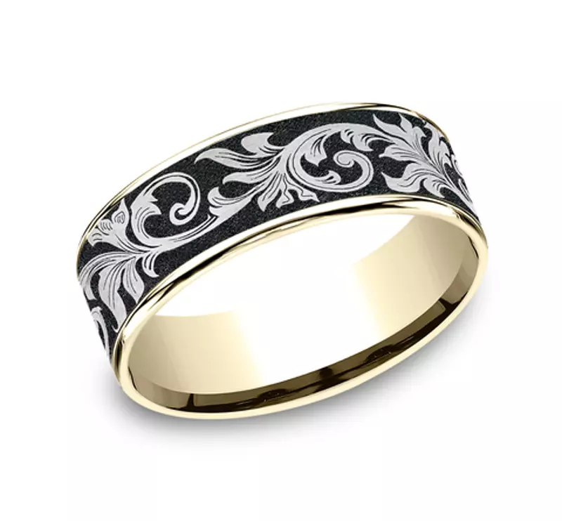 14K Yellow Gold Orchid-Inspired Black Titanium Two-Tone Comfort-Fit Band (7.5mm)