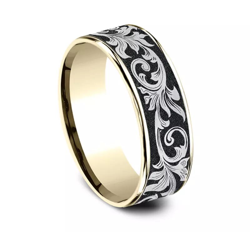 14K Yellow Gold Orchid-Inspired Black Titanium Two-Tone Comfort-Fit Band (7.5mm)