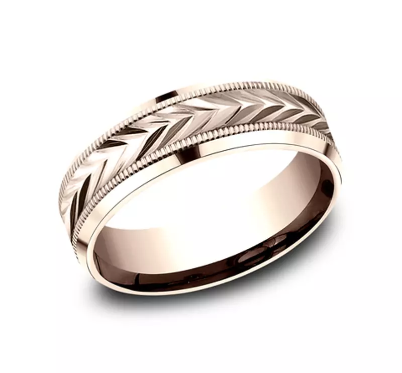 14K Rose Gold Etched Grain Beveled Edge Comfort-Fit Band (7mm)