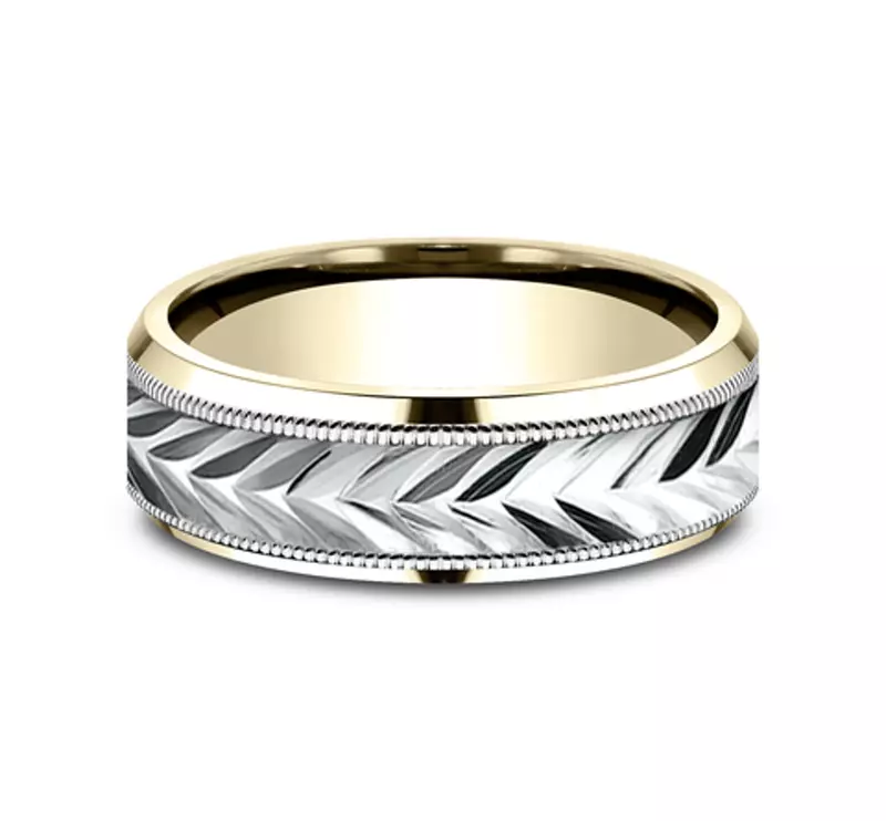 White Gold 14k & Yellow Gold 14k Etched Grain Beveled Edge Comfort-Fit Band (7mm)