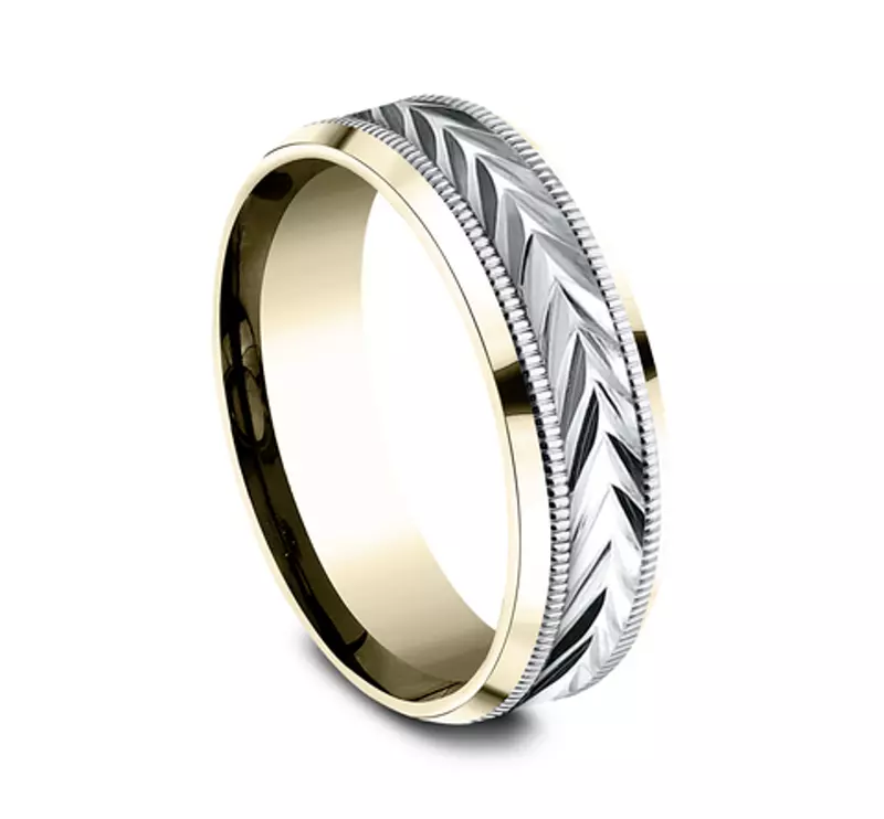 White Gold 14k & Yellow Gold 14k Etched Grain Beveled Edge Comfort-Fit Band (7mm)