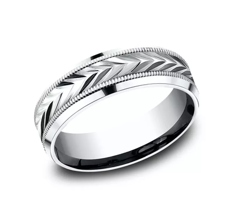 14K White Gold Etched Grain Beveled Edge Comfort-Fit Band (7mm)