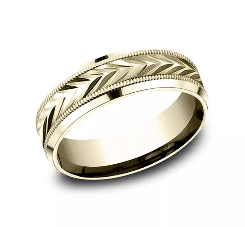 14K Yellow Gold Etched Grain Beveled Edge Comfort-Fit Band (7mm)