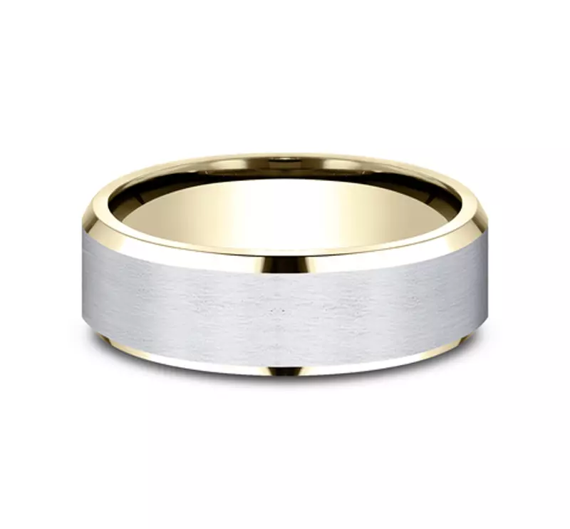 White Gold 14k & Yellow Gold 14k Satin Finish Beveled Edge Comfort Fit Band (7mm)