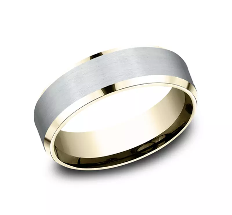 White Gold 14k & Yellow Gold 14k Satin Finish Beveled Edge Comfort Fit Band (7mm)