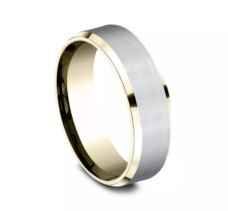 White Gold 14k & Yellow Gold 14k Satin Finish Beveled Edge Comfort Fit Band (7mm)