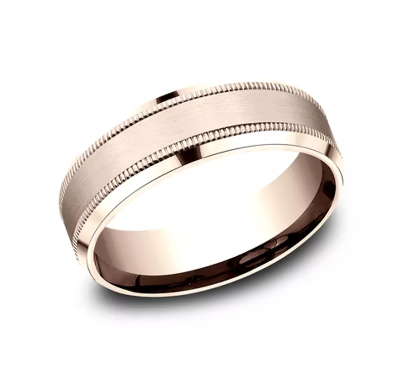 14K Rose Gold Satin Finish Milgrain Beveled Edge Comfort Fit Band (7mm)