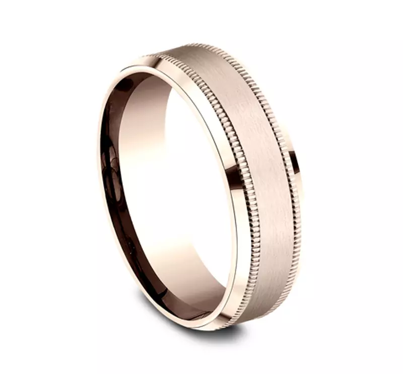 14K Rose Gold Satin Finish Milgrain Beveled Edge Comfort Fit Band (7mm)