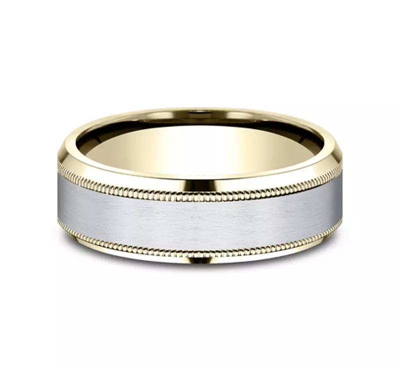White Gold 14k & Yellow Gold 14k Satin Finish Milgrain Beveled Edge Comfort Fit Band (7mm)