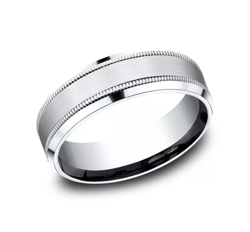 14K White Gold Satin Finish Milgrain Beveled Edge Comfort Fit Band (7mm)