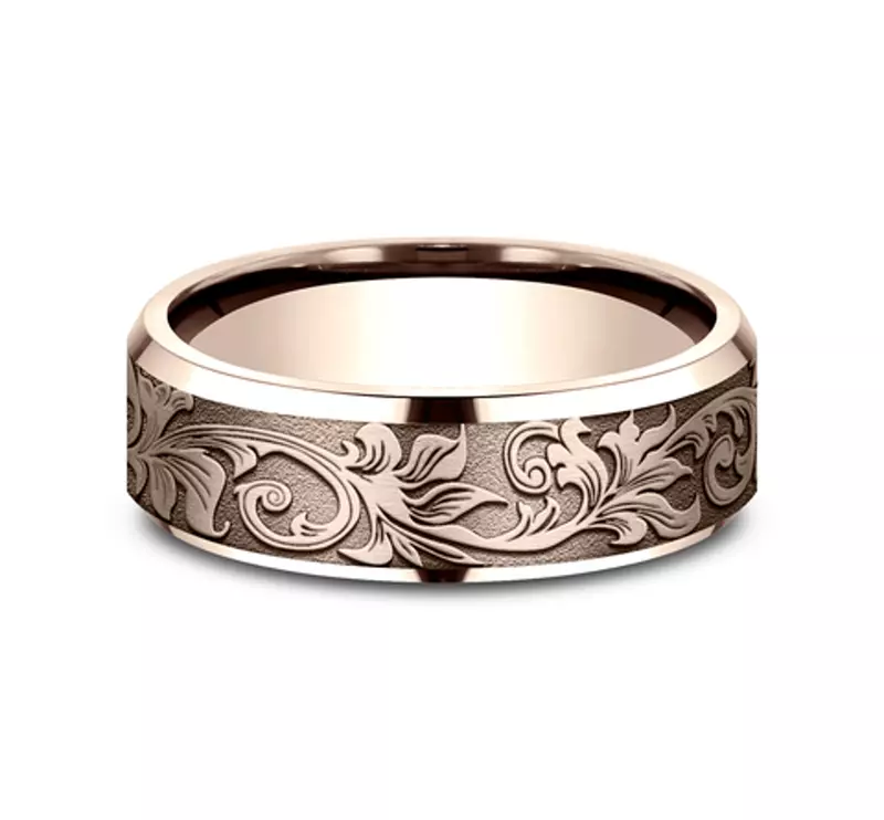 14K Rose Gold Voyager Finish Beveled Edge Comfort-Fit Band (7mm)