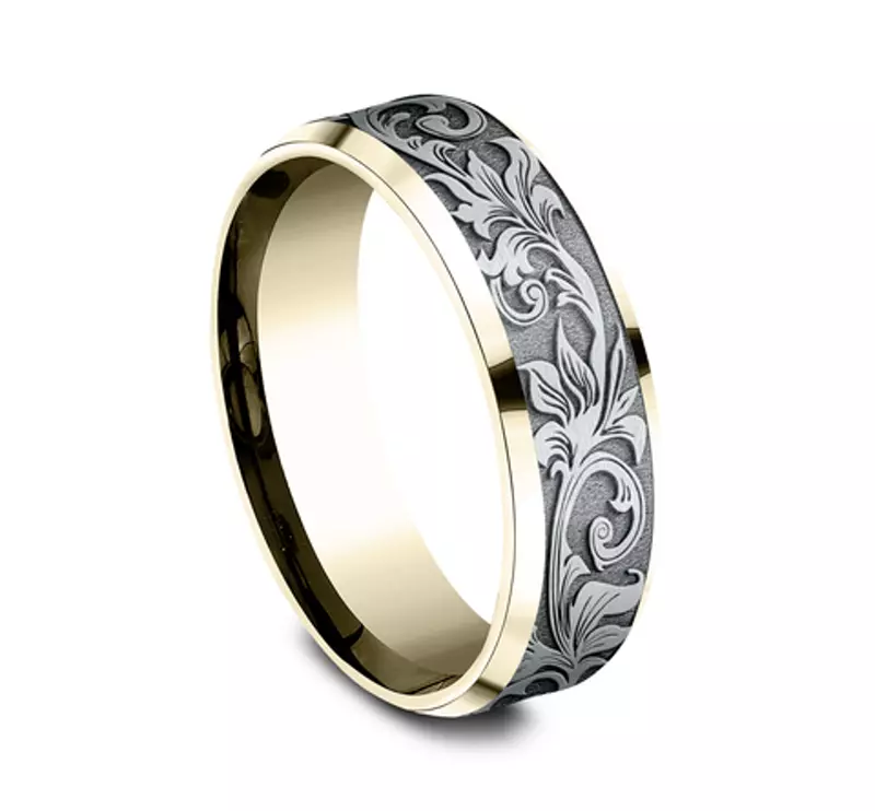 White Gold 14k & Yellow Gold 14k Voyager Finish Beveled Edge Comfort-Fit Band (7mm)