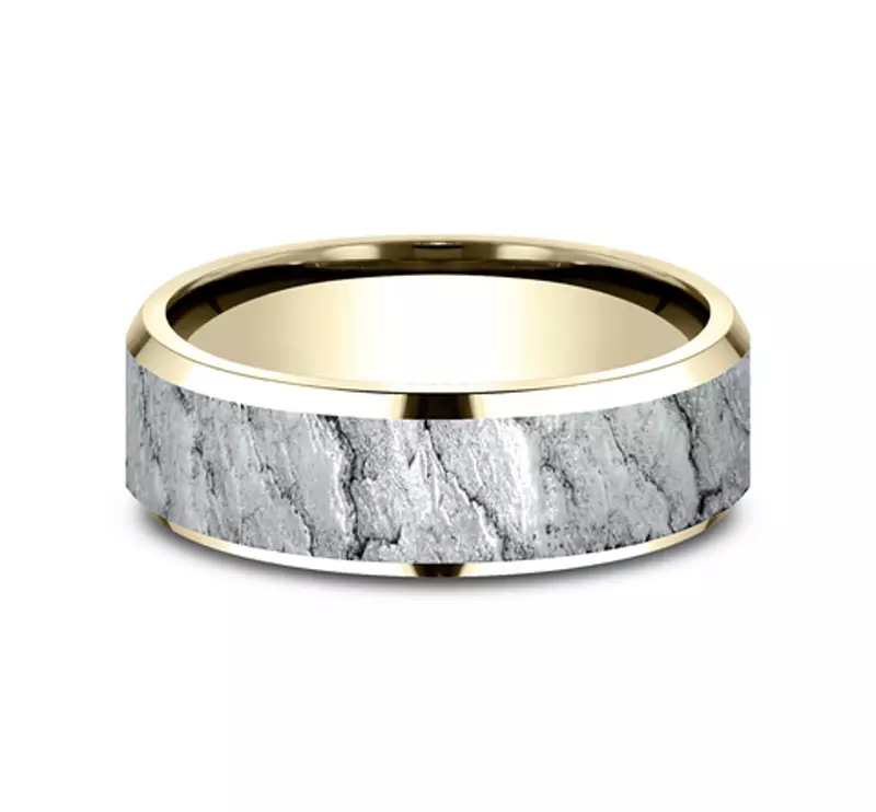 White Gold 14k & Yellow Gold 14k Obsidian Texture Beveled Edge Comfort Fit Band (7mm)