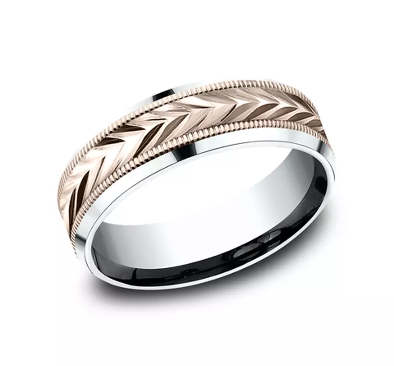 Rose Gold 14k & White Gold 14k Etched Grain Beveled Edge Comfort-Fit Band (7mm)