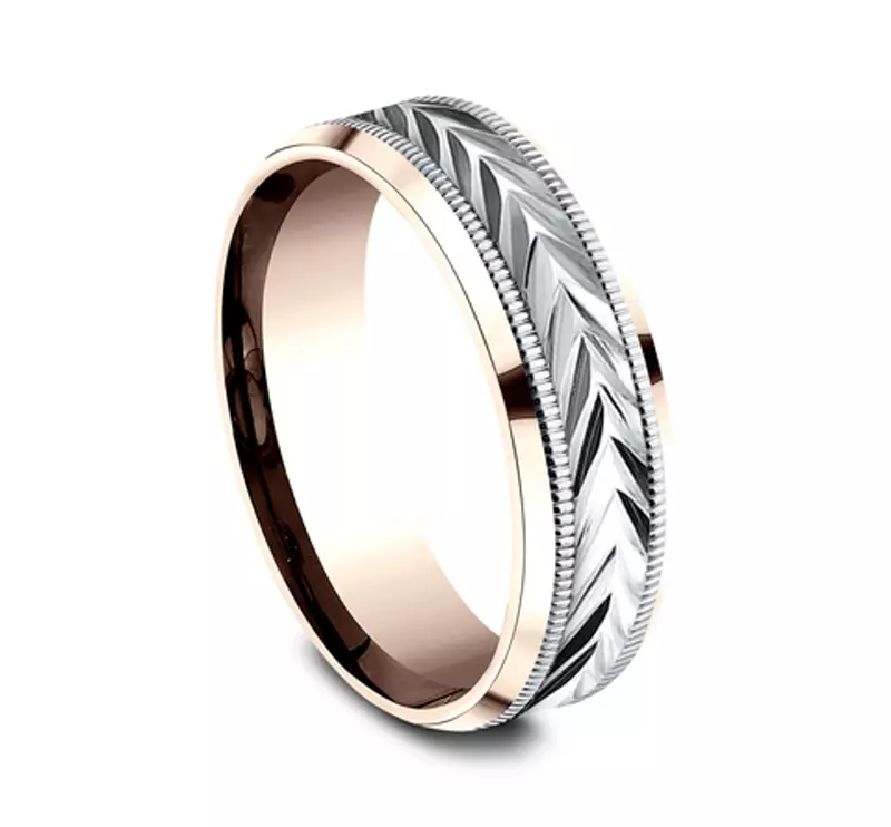 White Gold 14k & Rose Gold 14k Etched Grain Beveled Edge Comfort-Fit Band (7mm)