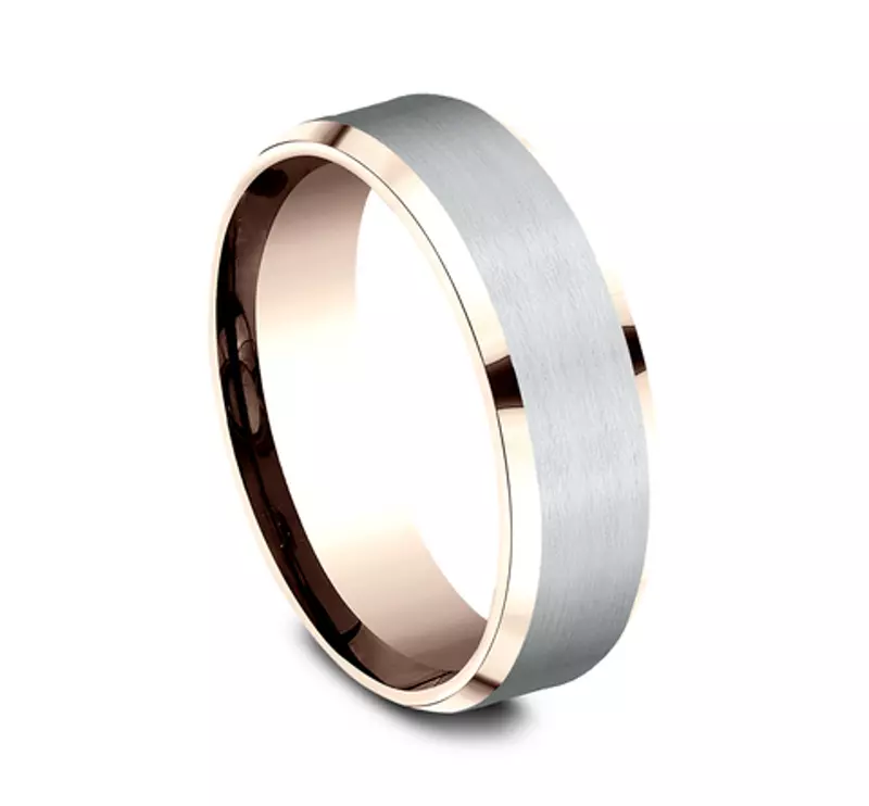 White Gold 14k & Rose Gold 14k Satin Finish Beveled Edge Comfort Fit Band (7mm)