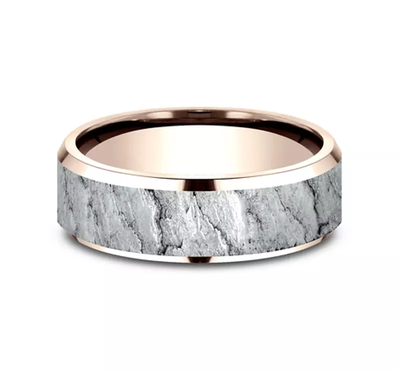 White Gold 14k & Rose Gold 14k Obsidian Texture Beveled Edge Comfort Fit Band (7mm)