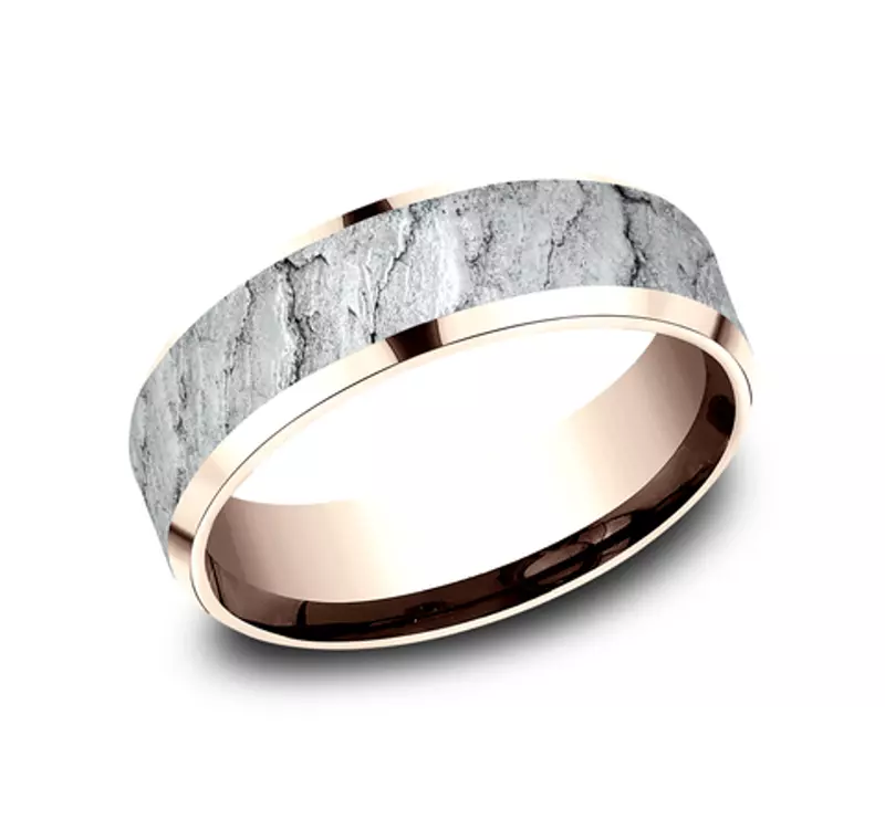 White Gold 14k & Rose Gold 14k Obsidian Texture Beveled Edge Comfort Fit Band (7mm)