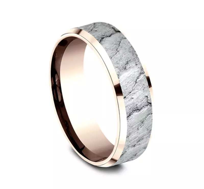 White Gold 14k & Rose Gold 14k Obsidian Texture Beveled Edge Comfort Fit Band (7mm)