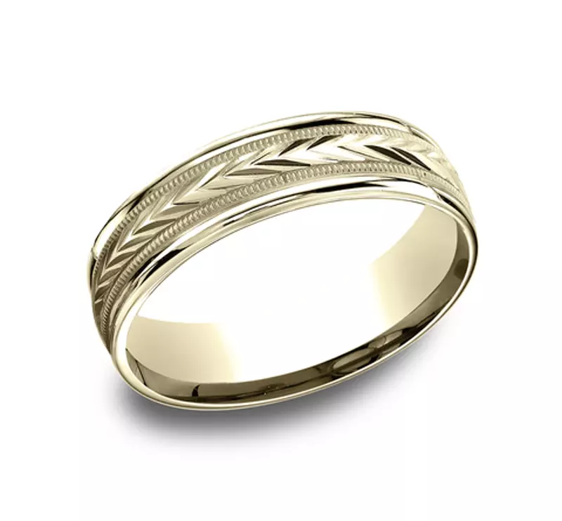 14K Yellow Gold Etched Grain Beveled Edge Comfort-Fit Band (6mm)