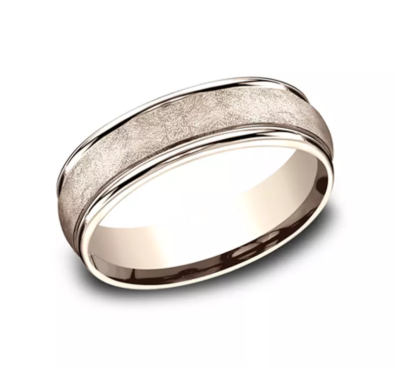 14K Rose Gold Linen Texture Drop Edge Comfort-Fit Band (6.5mm)