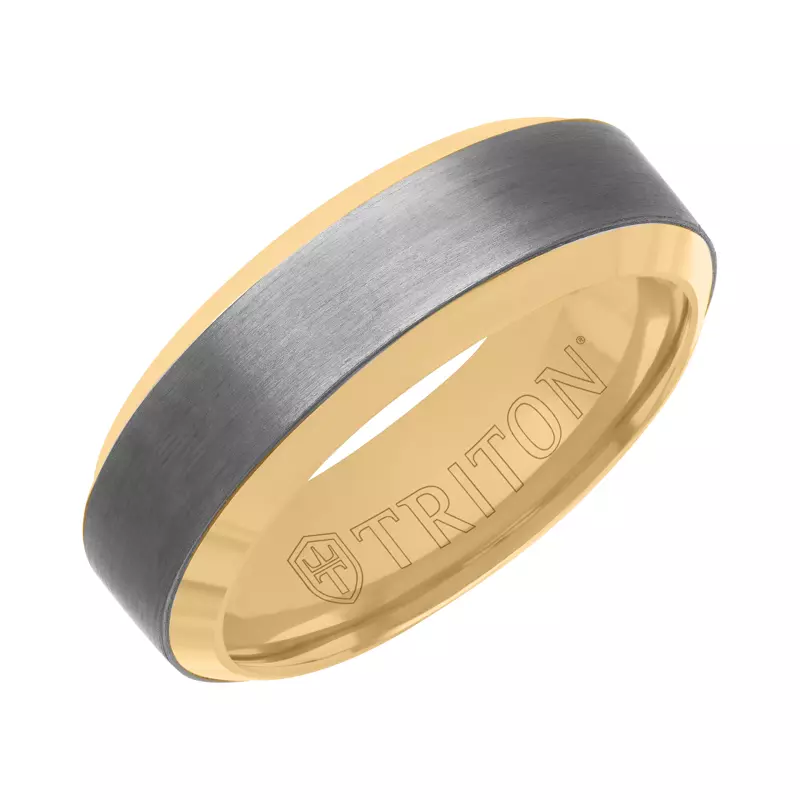 18K Yellow Gold Brushed Tantalum With Beveled Edge Gold Band (7mm)