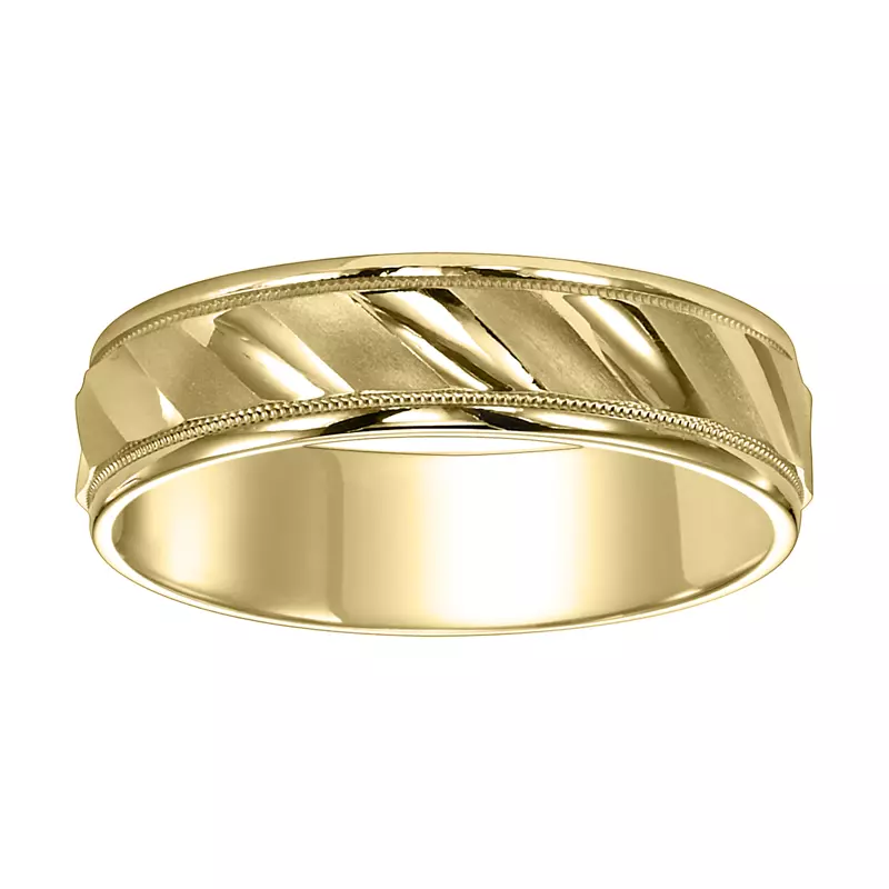 14K Yellow Gold Diagonal Cut Satin & Polished Finish Wedding Band (6mm)
