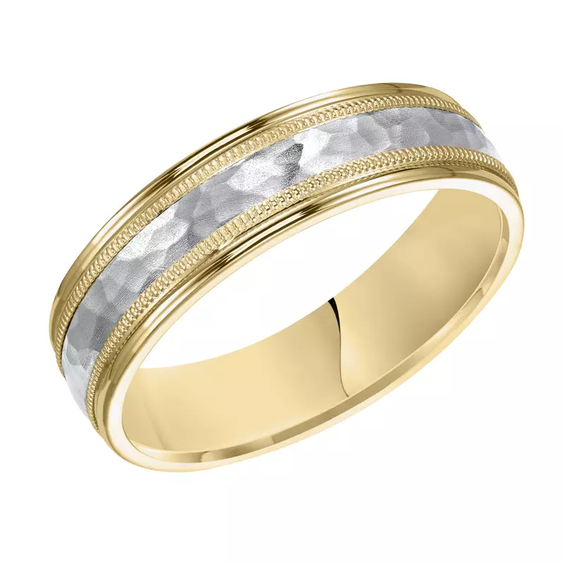 14K Yellow Gold Two-Tone Brushed Hammered Finish Wedding Band with Milgrain (6mm)