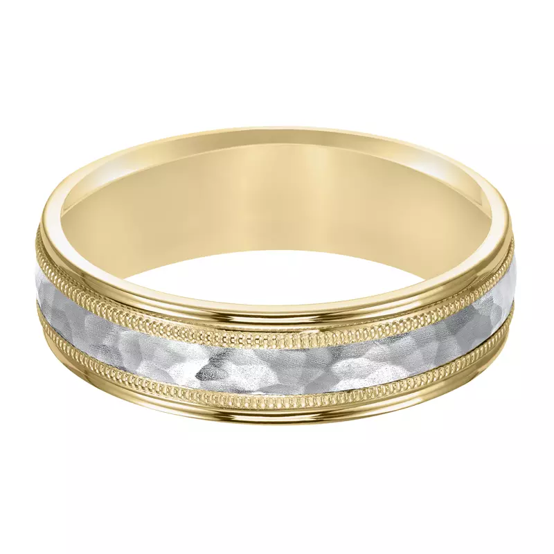 14K Yellow Gold Two-Tone Brushed Hammered Finish Wedding Band with Milgrain (6mm)
