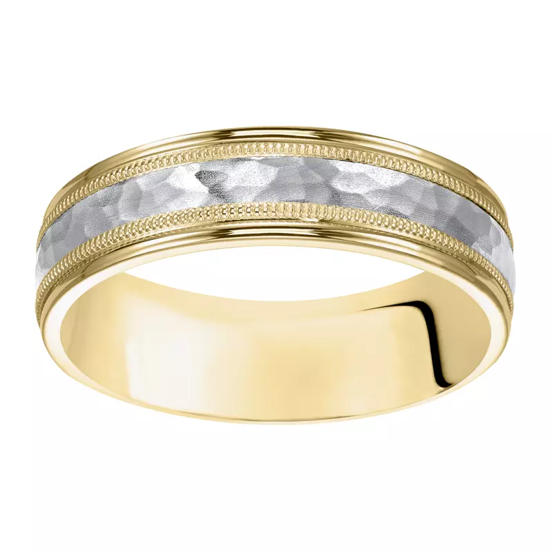 14K Yellow Gold Two-Tone Brushed Hammered Finish Wedding Band with Milgrain (6mm)