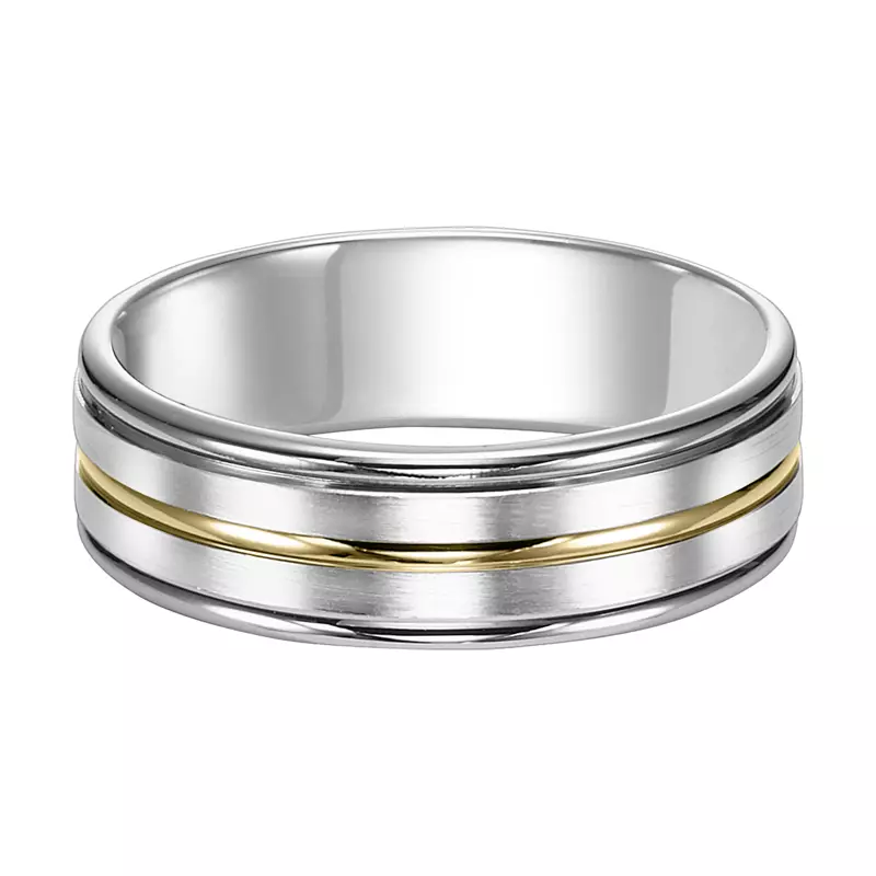 14K White Gold Two-Tone Grooved Center Brushed Finish Wedding Band (7mm)