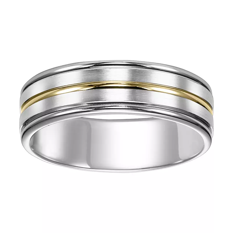 14K White Gold Two-Tone Grooved Center Brushed Finish Wedding Band (7mm)