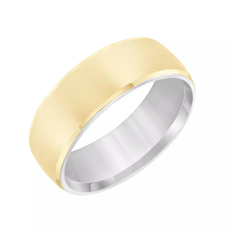 14K Yellow Gold Brushed Low Dome Beveled Edge Two-Tone Wedding Band (7mm)