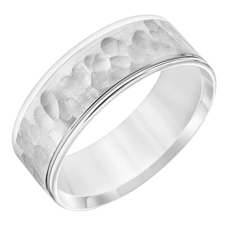 14K White Gold Flat Hammered Carved Wedding Band (7.5mm)