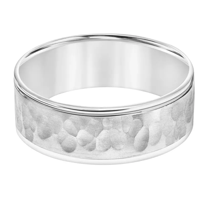 14K White Gold Flat Hammered Carved Wedding Band (7.5mm)