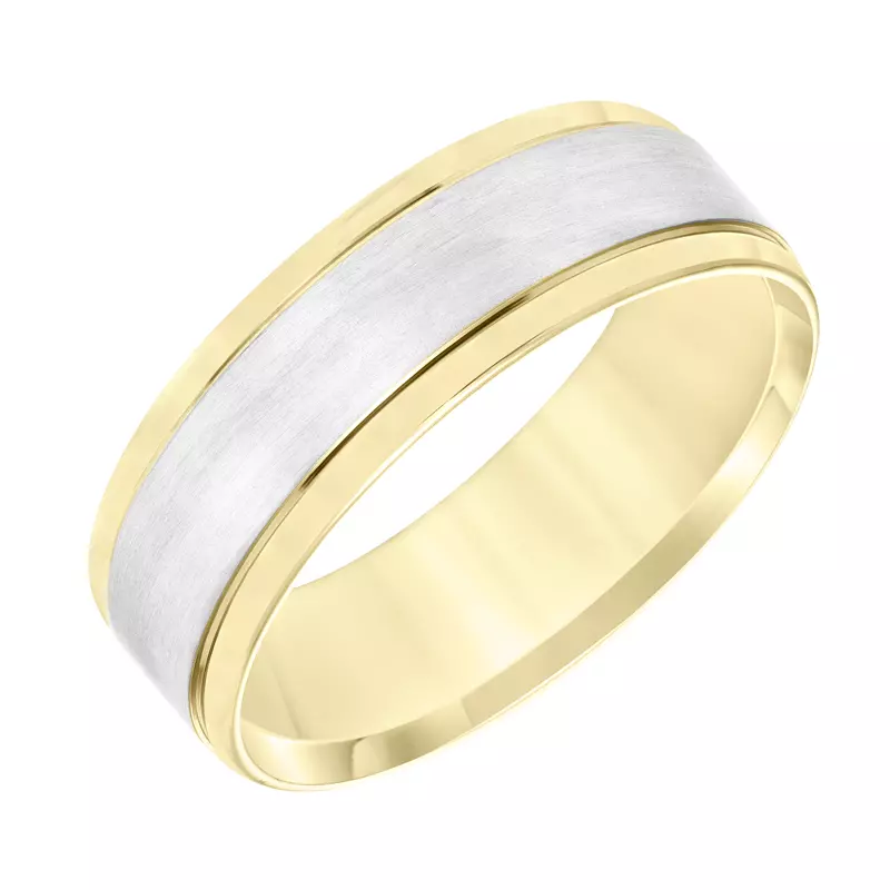 14K Yellow Gold Flat Two-Tone Round Edge Carved Wedding Band (7mm)
