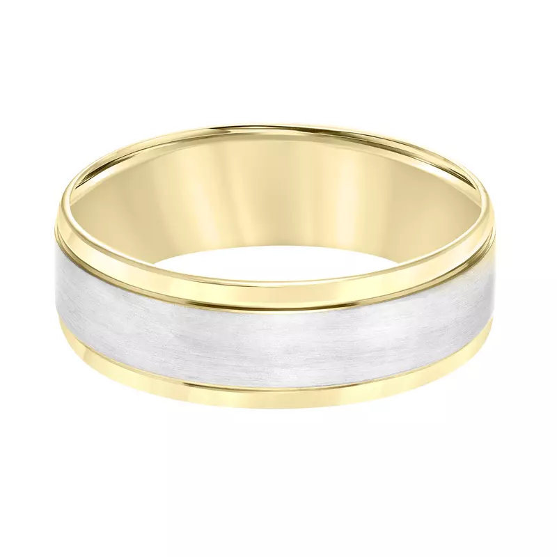 14K Yellow Gold Flat Two-Tone Round Edge Carved Wedding Band (7mm)