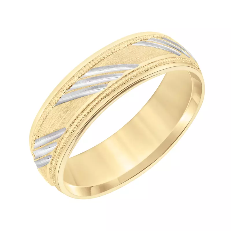 14K Yellow Gold Low Dome Carved Stripe Milgrain Brushed Band (6.5mm)
