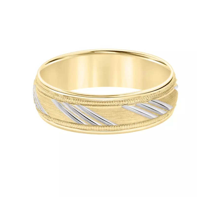 14K Yellow Gold Low Dome Carved Stripe Milgrain Brushed Band (6.5mm)