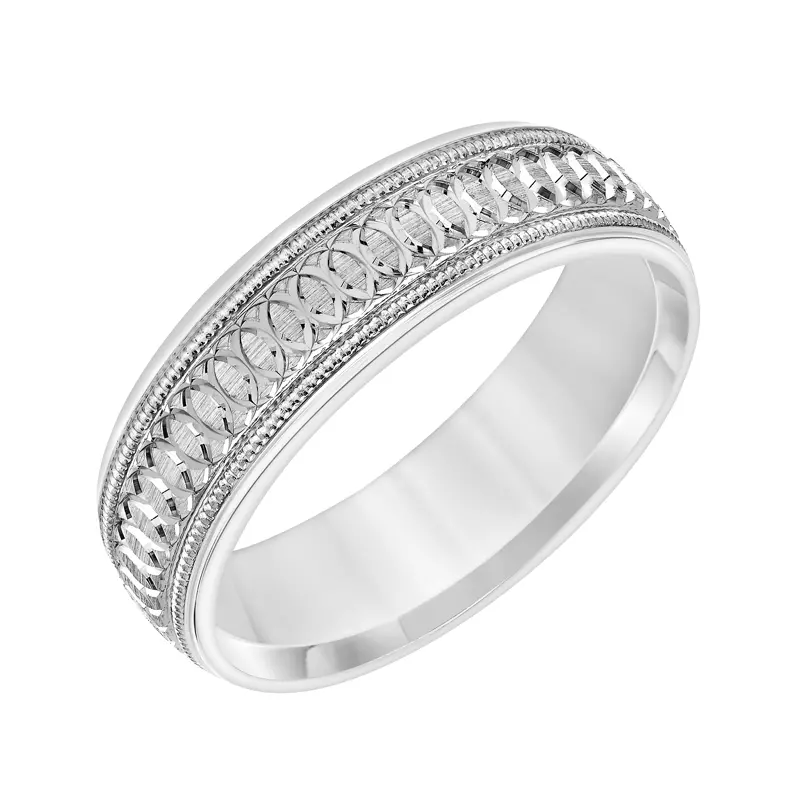 14K White Gold Low Dome Carved Circular Engraved Band With Milgrain (6.5mm)
