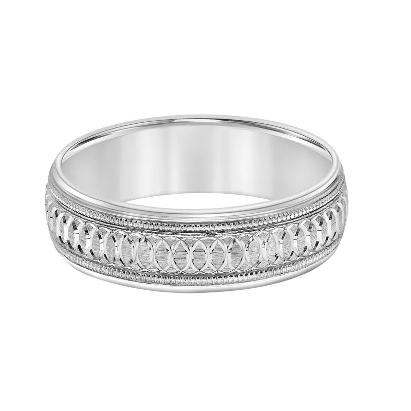 14K White Gold Low Dome Carved Circular Engraved Band With Milgrain (6.5mm)