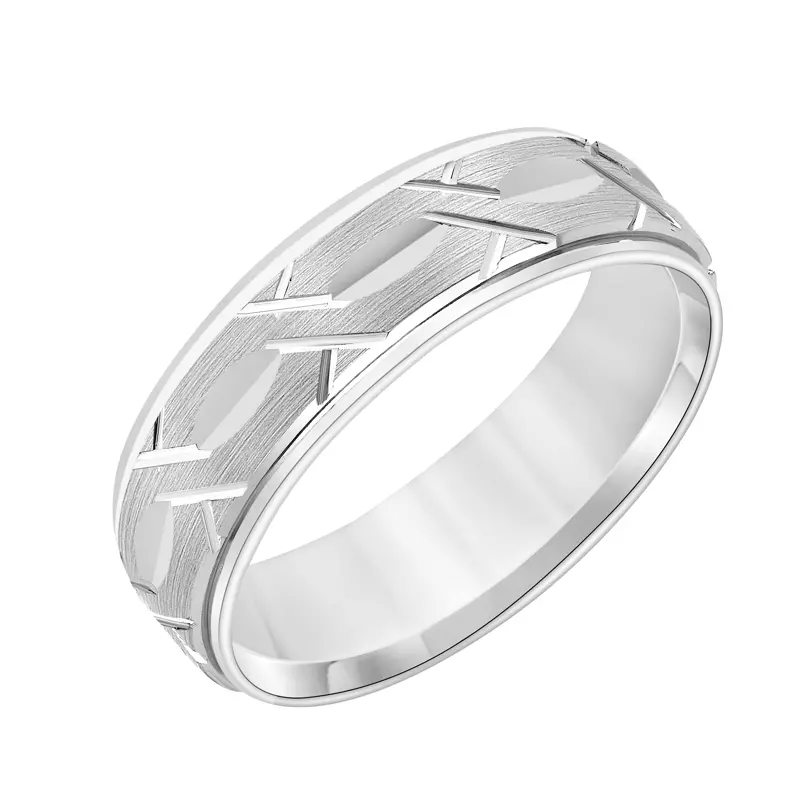 14K White Gold Carved Brush Swiss Cut Band (6.5mm)